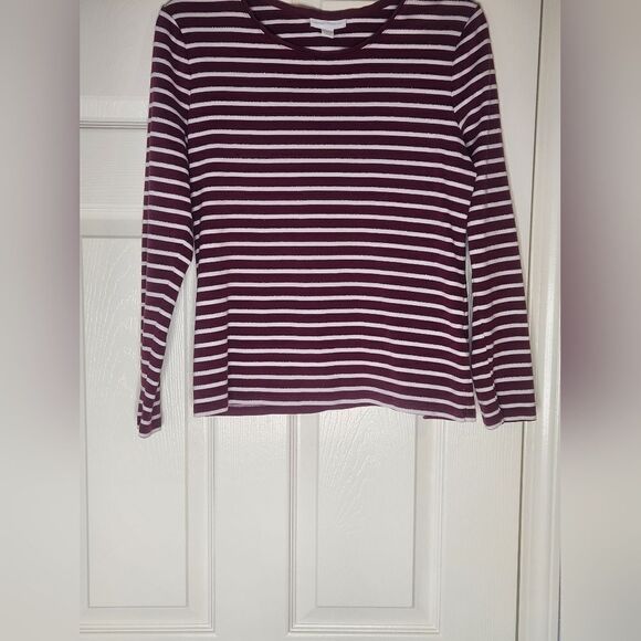 Charter Club L Striped Burgundy White Metalic Lngslv PIMA COTTON Blend Women Top - Picture 1 of 7
